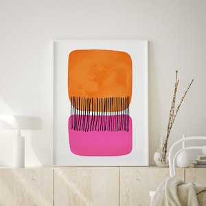 Impresión artística en color rosa y naranja, arte lineal abstracto, arte rosa, arte abstracto brillante, arte de pared, impresión moderna colorida, decoración del hogar, imprimible