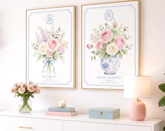 Blue Flower Bouquet Prints, Watercolor Floral Wall Art, Chinoiserie Grandmillennial Decor, French Country Room, Set of 2, Digital Download