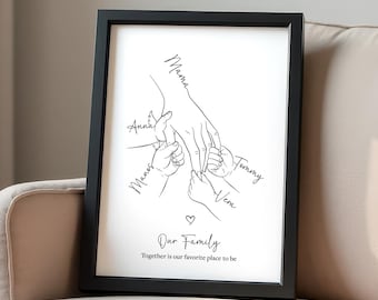 Angel Baby Print gift, Custom Family of 5 Hands Line Art, Baby loss Memorial Baby Parents Art, Angel Wings Personalized Family Printable