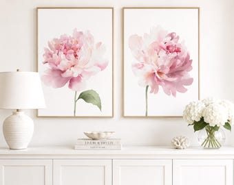 Blush Pink Peonies Prints, Botanical Watercolor Wall Art, Hamptons Style Decor, Peony Floral Bedroom Living Room, Set of 2, Digital Download