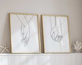 Zestaw wydruków graficznych „Holding Hands Line Art”: minimalistyczny szkic pary (pobranie cyfrowe)