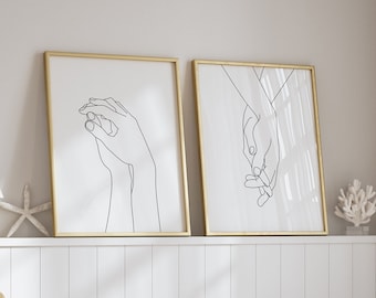 Main dans la main, impression d'art de croquis de dessin au trait. Lot de 2 affiches Mains romantiques, cadeau pour couple, mains Art mural minimaliste imprimable Impression numérique