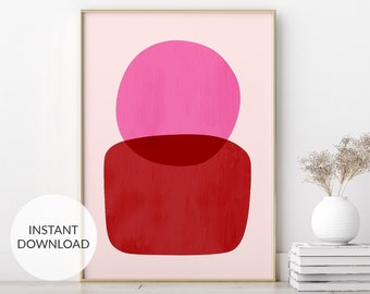 Red pink abstract wall art. Mid century modern. Abstract pink poster. Minimalist art. Modern print. Home decor. Colorful wall art. Printable