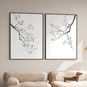 Minimalist Cherry blossom poster Botanical Wall art print Set of 2 Line art Line sketch Black and white Living Room Home decor PRINTABLE ART