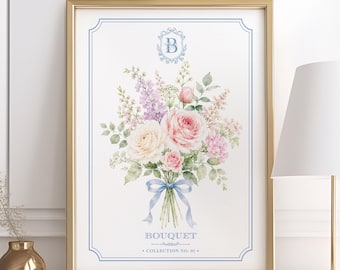 Blue Bouquet Print, Watercolor Floral Wall Art, Grandmillennial French Country Decor, Preppy Bedroom Living Room Artwork, Digital Download