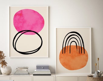 Set of 2 Prints,  line art, Orange and pink bright abstract art, Black lines art, Living room decor, Wall art, Gallery wall art, Printable