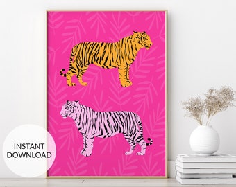 Pink Tiger-kunstprint: retro preppy slaapzaaldecor (digitale download)