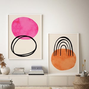 Set of 2 Prints,  line art, Orange and pink bright abstract art, Black lines art, Living room decor, Wall art, Gallery wall art, Printable