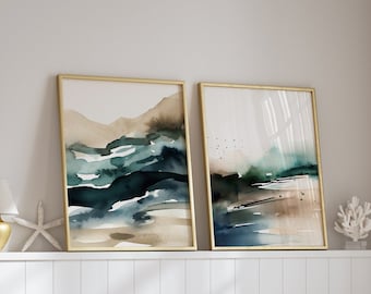 Smaragdgroene marineblauwe aquarel abstracte muurkunst set van 2, afdrukbare minimalistische prints moderne slaapkamer woonkamer afdrukbare groene decor