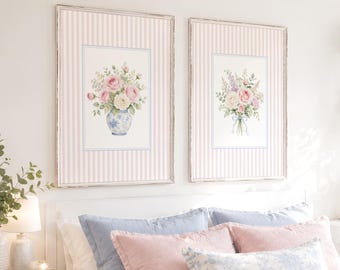 Imprimés floraux roses et bleus, aquarelle à rayures, décoration champêtre, ensemble de 2 tableaux numériques à télécharger.