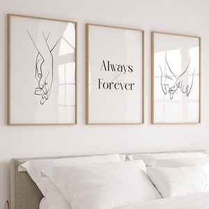 3er-Set, Romantische Wandkunst. Strichzeichnung Druck. Paarkunst. Strichzeichnungen. Händchen haltend Druck. Linienposter. Paar Hände. Linie Skizze DRUCKBAR