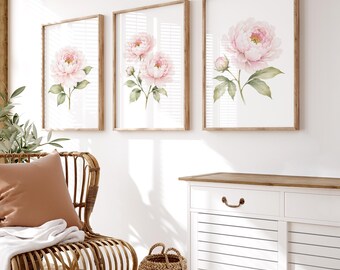 Blush Pink Peony Prints, Floral Watercolor Wall Art, Grandmillennial French Country Decor, Bedroom Artwork, Set of 3, Digital Download