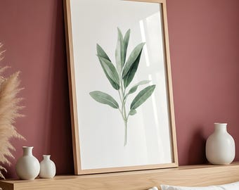Sage Branch Watercolor Print, Botanical Wall Art, Minimalist Greenery Decor (Digital Download)