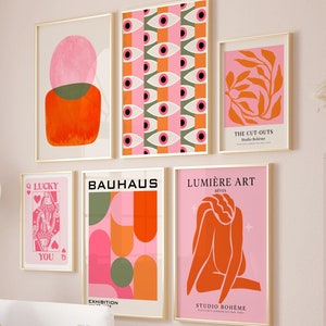 Set of 6 Colorful Abstract Wall Art, Pink and Orange Retro Prints, Trendy Gallery Wall Decor Dorm Living Room, Digital Download Printable