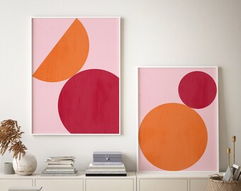 Set of 2 Prints, Abstract Orange and pink bright art, Geometric art, Modern wall wart Living room decor, Gallery wall art, Printable