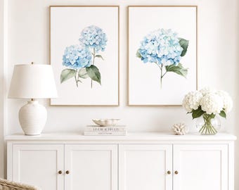Light Blue Hydrangea Prints, Botanical Watercolor Wall Art, Hamptons Style Decor, Coastal Bedroom & Living Room, Set of 2, Digital Download