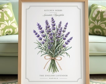 Lavender Kitchen Wall Art, Watercolor Herb Botanical Print, French Country Grandmillennial, Cottagecore Kitchen Decor, Digital Download