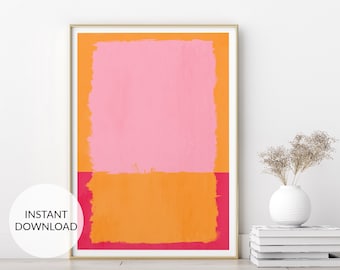 Cuadro abstracto naranja y rosa. Decoración maximalista. Arte imprimible vibrante. Póster rosa intenso. Galería de arte en colores brillantes.