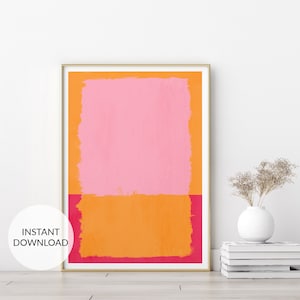 Cuadro abstracto de pared en naranja y rosa. Decoración maximalista. Arte imprimible vibrante. Póster rosa intenso. Arte de galería con colores brillantes.