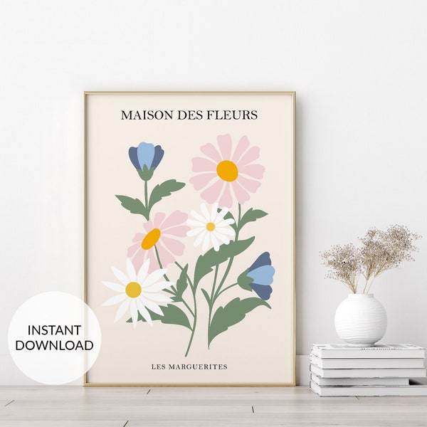 Daisies wall art. Flower art print. Floral print. Daisy poster. Pastel wall art. Danish pastel decor. Popular printables. Botanical Poster.