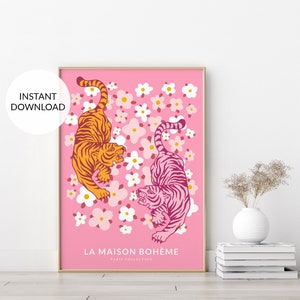 Tiger print. Pink tiger wall art print. Hot pink wall art. Preppy wall art. Jungle poster. Preppy room decor. Popular printable. Boho Animal