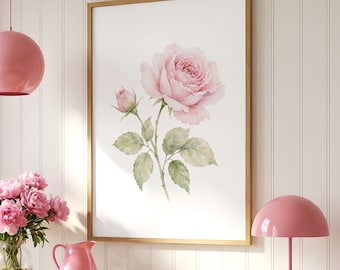 Pink Rose Print, Botanical Watercolor Wall Art, French Country Decor, Cottagecore Bedroom Living Room Artwork, Digital Download