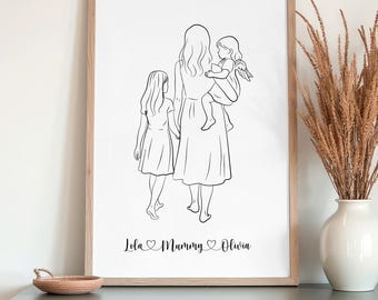 Custom Mother with Daughters Line Art Print, Angel Baby, Family Holding Hands Poster, Personalized Christmas Gift (Printable)