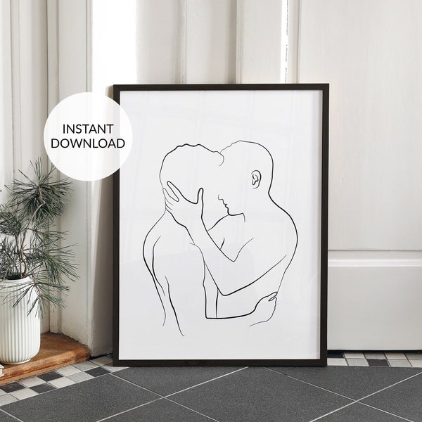 Kissing Gay couple. Line art. Gay art print. Gay poster. Line art sketch. Romantic art. LGBT decor. Line drawing print. PRINTABLE wall art