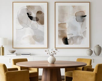 Abstract Watercolor Prints, Neutral Beige Black Wall Art Minimalist Decor, Soft Tone Bedroom Living Room Artwork, Set of 2, Digital Download