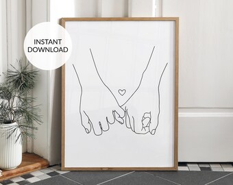 Impresión artística de manos tomadas: boceto de pareja de Pinky Promise (descarga digital)