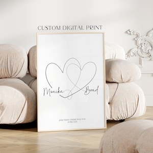Personalized Wedding date print anniversary gift. Romantic Line art Engagement date Married poster Valentine&#39;s day gift Couples PRINTABLE