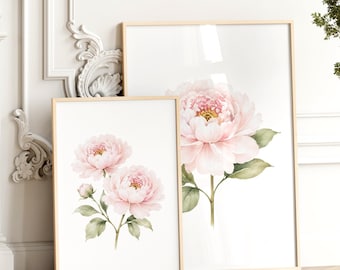 Pink Peony Prints, Botanical Watercolor Wall Art, Grandmillennial French Decor, Bedroom Living Room Artwork, Set of 2, Digital Download
