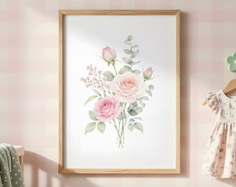 Pink Roses Print, Botanical Watercolor Wall Art, French Country Decor, Cottagecore Bedroom Living Room Artwork, Digital Download