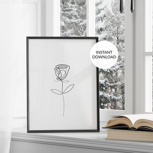 Póster de línea de flores y rosas. Impresión de flores de una línea. Impresión de dibujo de líneas. Arte mural IMPRIMIBLE. Póster de líneas minimalistas. Boceto de líneas. Regalo para ella