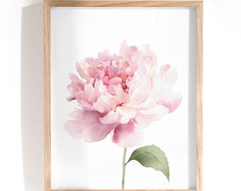 Blush Pink Peony Watercolor Print, Botanical Wall Art, Hamptons Style Decor (Digital Download)