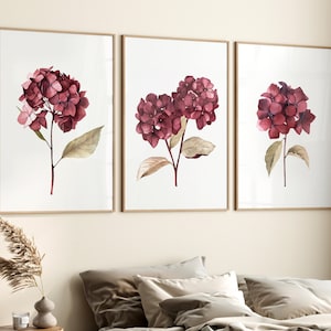 Watercolor Burgundy Red Hydrangea Set of 3 prints Botanical Flowers Abstract Wall decor, Hamptons style Modern Bedroom Living Room PRINTABLE