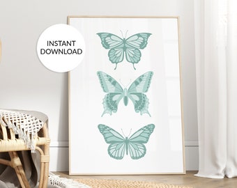 Mint Green Butterfly Wall Art Print, Minimalist Girly Poster, Preppy Aesthetic Printable Decor, Modern Boho Bedroom Living Room Art
