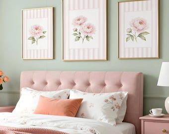 Blush Pink Peony Prints, Striped Floral Watercolor Wall Art, Grandmillennial French Country Bedroom Decor, Set of 3, Digital Download