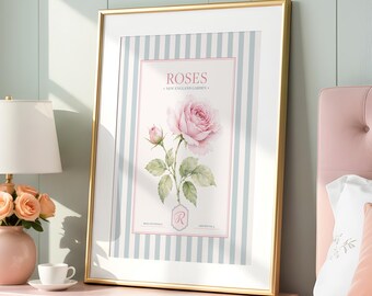 Pink Rose Wall Art, Striped Watercolor Floral Print, Grandmillennial Decor, French Country Bedroom Art, Preppy Floral Digital Download