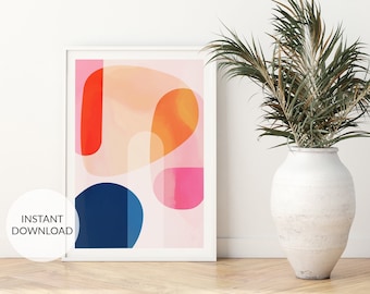 Mid century modern, Abstract art, Pastel art, Pink red orange blue print, Living room art, Bright abstract art, Colorful wall art, Printable