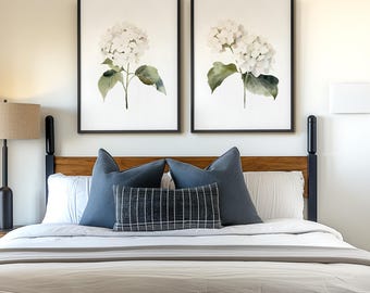Conjunto de 2 láminas de hortensias blancas marfil para pared, láminas botánicas de flores en tonos neutros, decoración beige para sala de estar y dormitorio, arte para el hogar imprimible