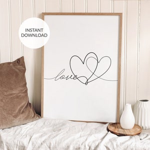 Póster de línea de corazón. Impresión de una línea de amor. Impresión de dibujo de línea. Arte de pared romántico. Póster de línea minimalista. Boceto de línea. Regalo para ella para imprimir