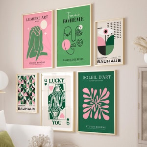 Juego de 6 cuadros de arte de pared con diseño abstracto verde, póster estilo Bauhaus, arte de pared rosa y verde, decoración colorida e imprimible de moda