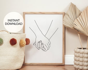 Grafika liniowa „Holding Hands”: Minimalistyczna sztuka pary (do pobrania w wersji cyfrowej)