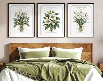 Christmas Botanical Prints, White Rose Narcissus Snowdrop Watercolor Wall Art, Grandmillennial Cottagecore Decor, Set of 3, Digital Download