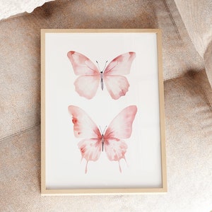 Lichtroze aquarel vlinders muurkunst print, roze vlinder baby meisje kinderkamer decor, roze slaapzaal afdrukbare poster