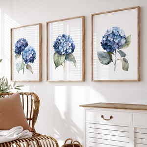 Juego de 3 láminas de hortensias azul marino en acuarela, flores botánicas abstractas, decoración de pared, estilo Hamptons, dormitorio moderno, sala de estar, IMPRIMIBLE