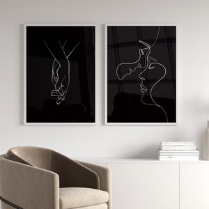 2er-Set, Black Couple Wandkunst. Strichzeichnung Druck. Romantische Wandkunst. Strichzeichnungen. Händchen haltend Druck. Linienposter. Paar Hände. Druckbar