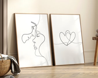 Coppia romantica, stampa su una linea, set di 2, stampa con disegno a linea, poster con linea a cuore, regalo da parete, arte da matrimonio, regalo per lei, stampabile
