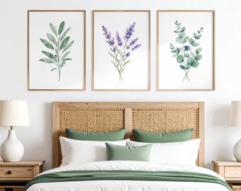 Eucalyptus Sage Lavender Prints, Watercolor Botanical Wall Art, Herbs Decor, Kitchen, Bedroom Living Room, Set of 3, Digital Download